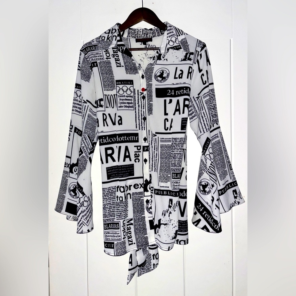 Mishca Newspaper Print Waist Tie Bell Sleeve Art To Wear Blouse Size Large‎ Boho